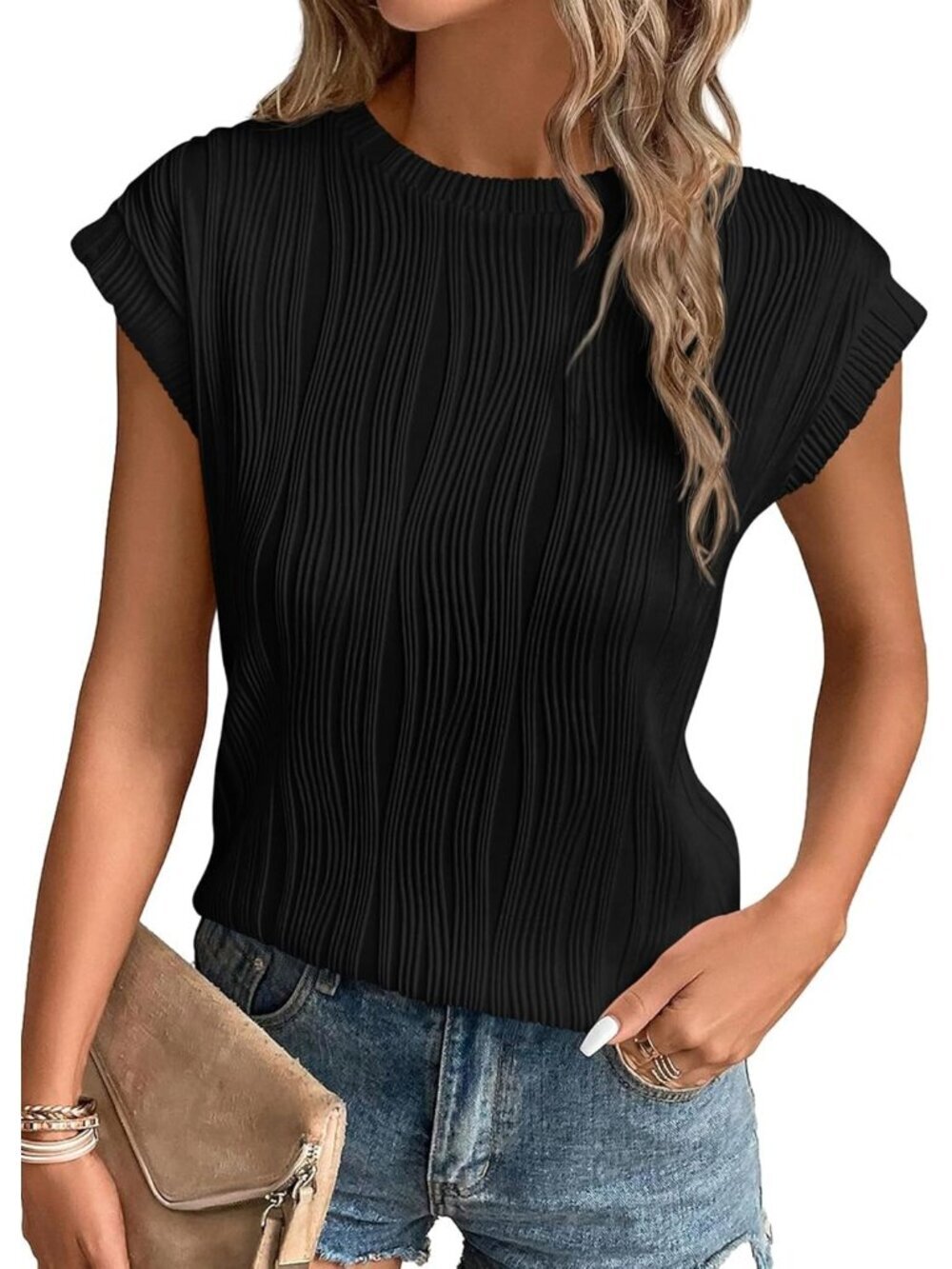 Women's Black Cap Sleeve Blouses Pull On Imported Casual Tops Shirts